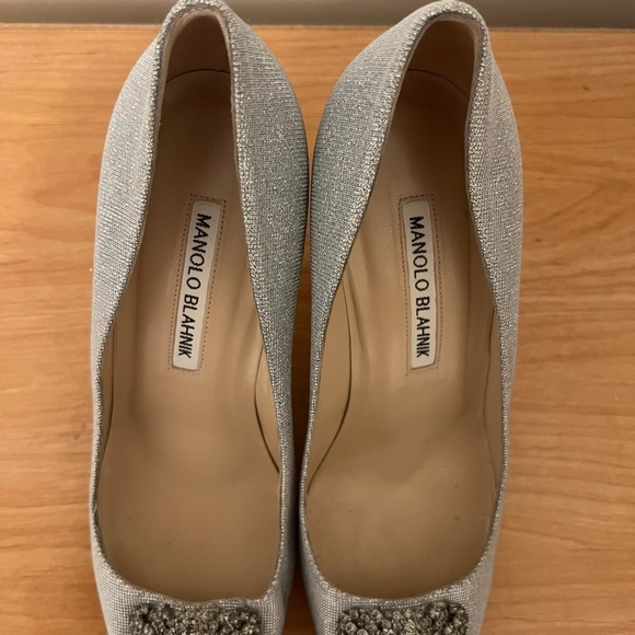 MANOLO BLAHNIK White Rhinestone Silver Metallic Woven Hangisi Jeweled heels 37 - Picture 6 of 10